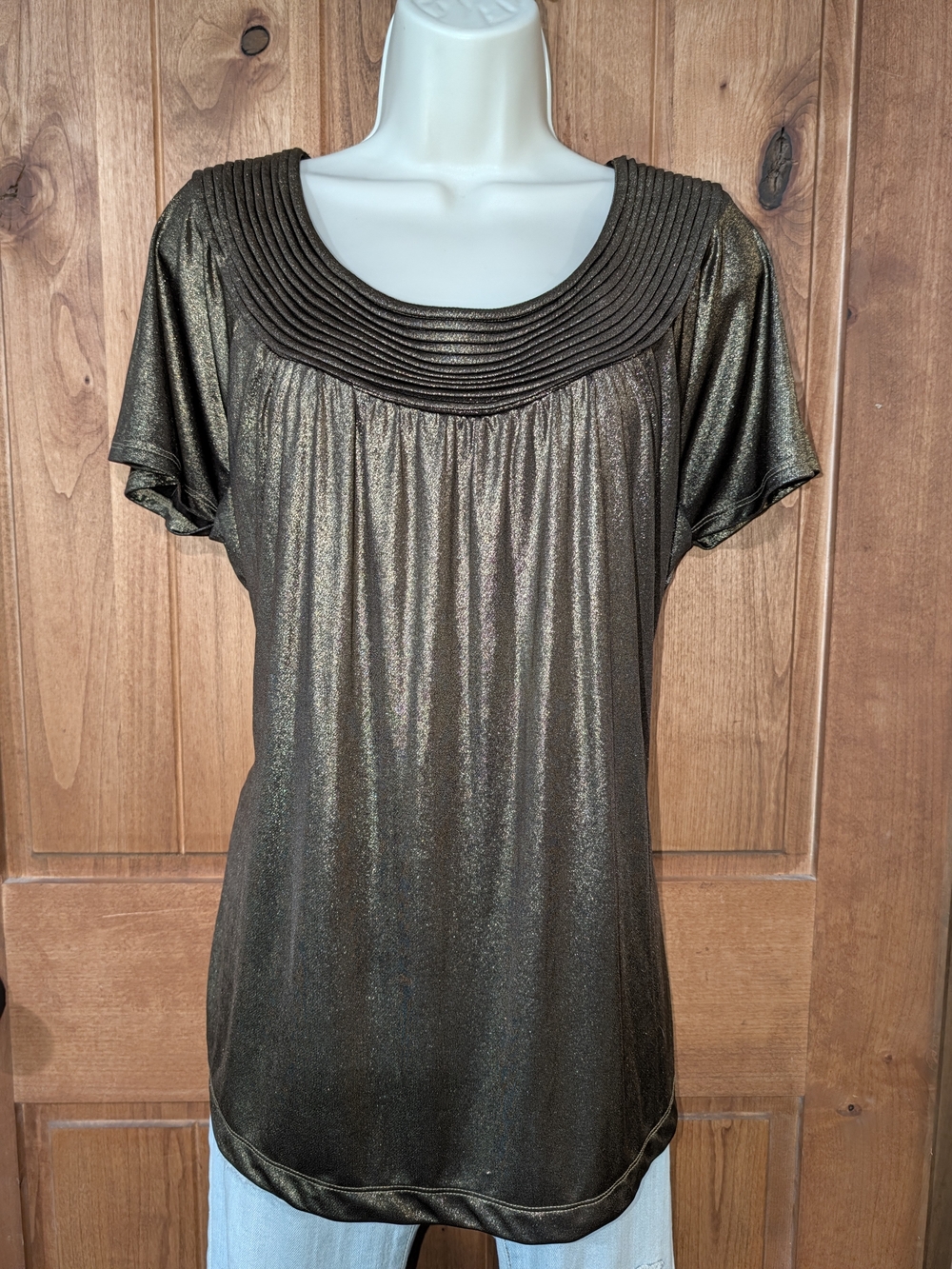 Dana Buchman Metallic Bronze Scoop Neck Pleated Yoke Top